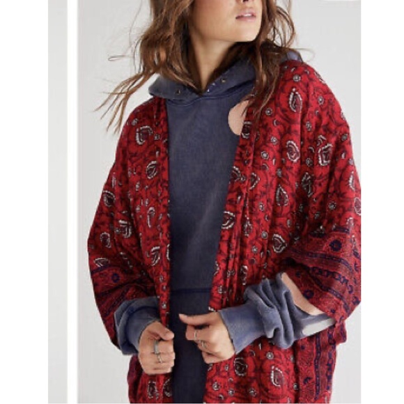 Free People Red Vineyard Border Print Kimono Duster Maxi O/S - Picture 6 of 7